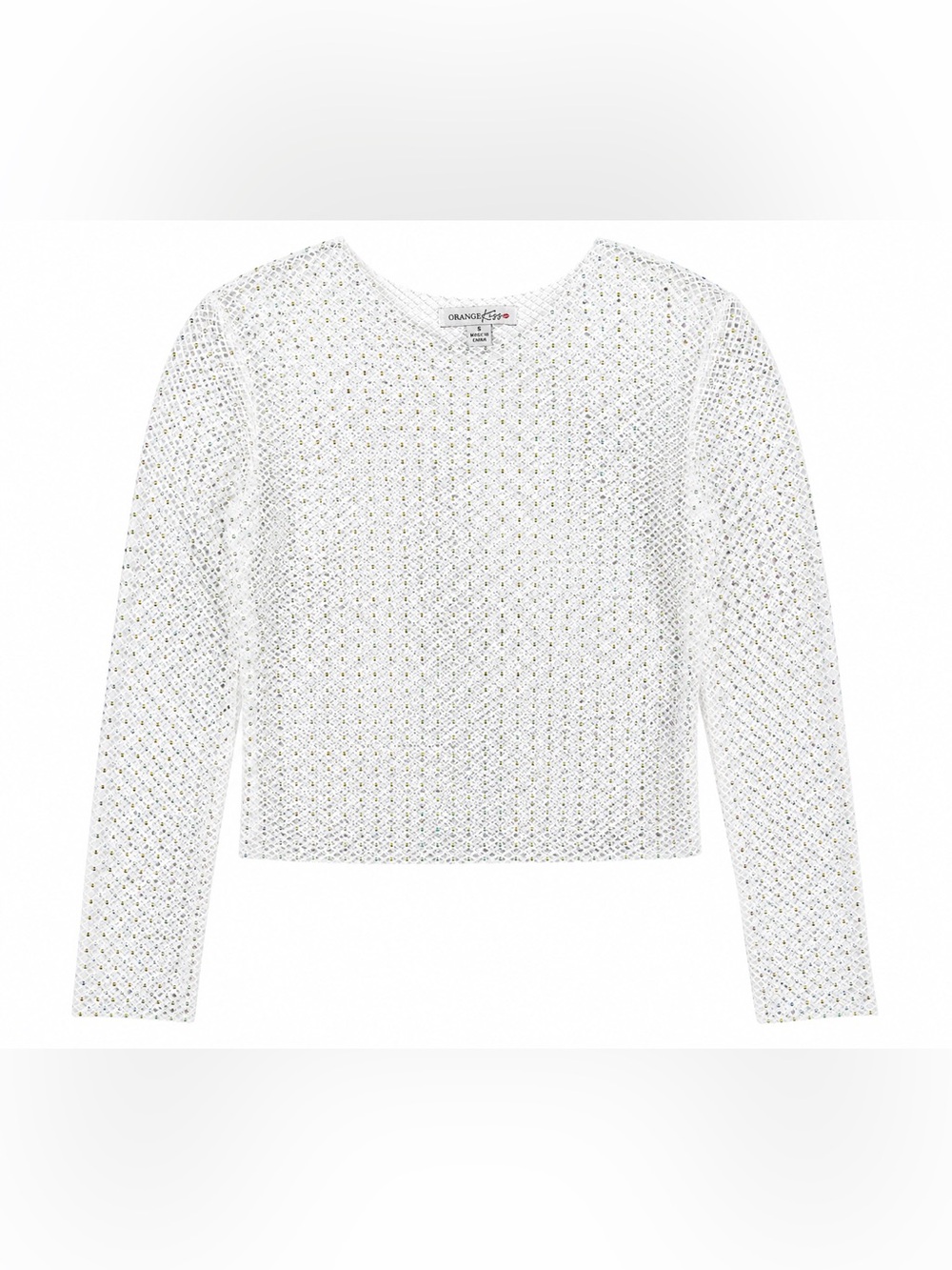 Orange Kiss White Rhinestone Fishnet Mesh Long Sleeve Top